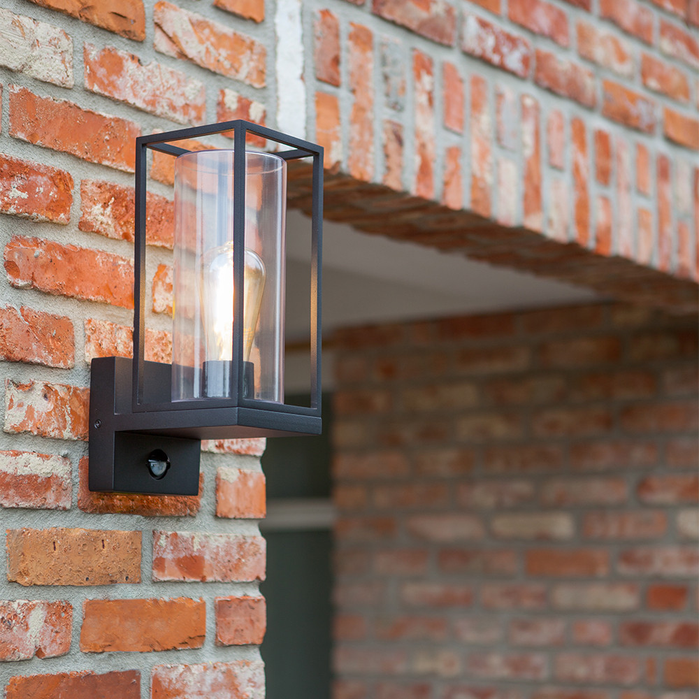 LUTEC Flair PIR Sensor IP44 Outdoor Wall Light E27 - Matt Black