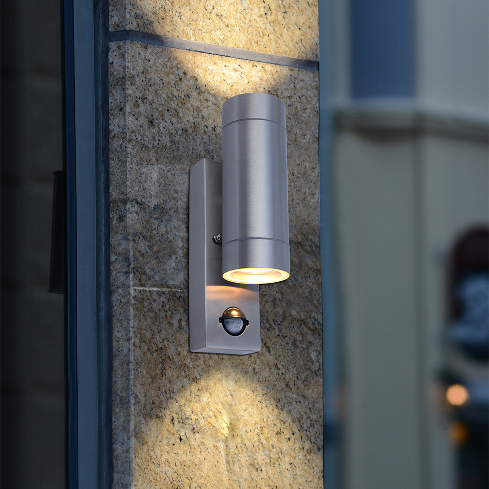 LUTEC Rado PIR Sensor IP44 Outdoor Wall Light 2 x GU10 - Stainless Steel