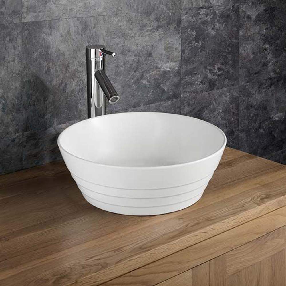 Clickbasin White Aspra 385Mm Ceramic Round Ridged Countertop Basin