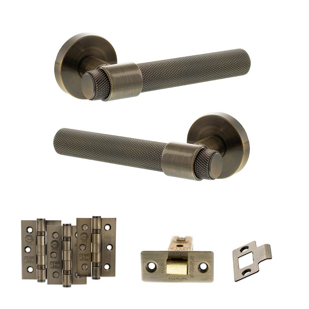 Atlantic Senza Pari Andretta Antique Brass 3 inch Latch Door Handle Pack with 3x 3 inch Fire Rated Hinges
