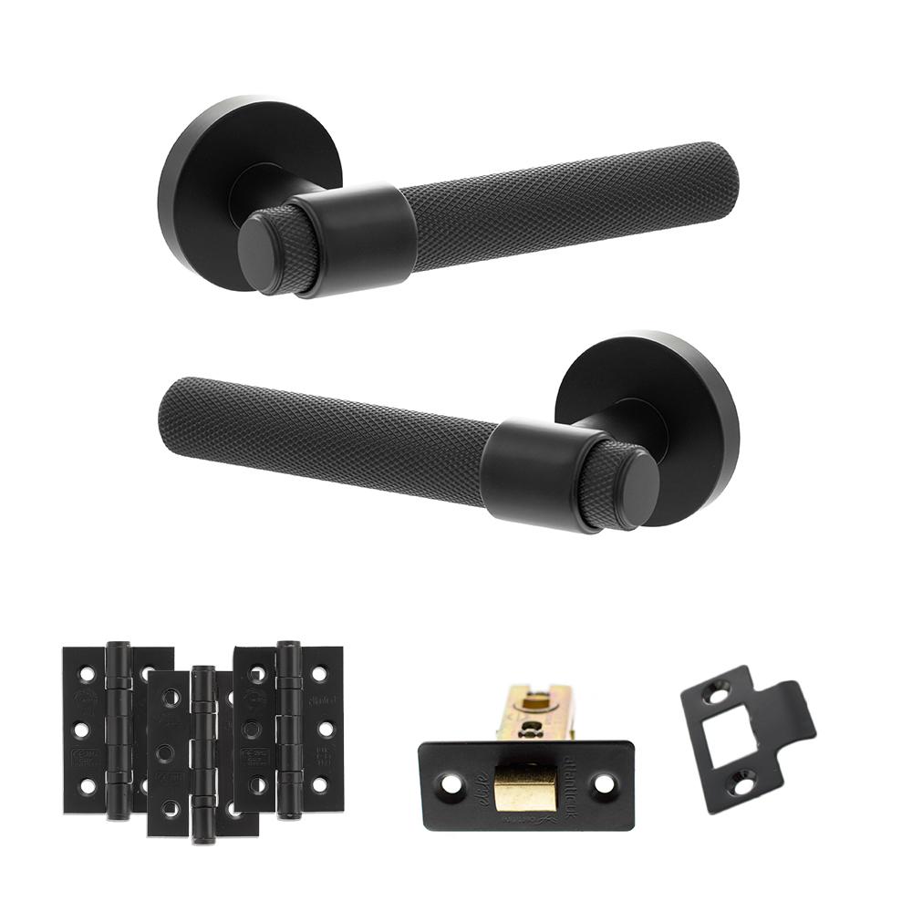Atlantic Senza Pari Andretta Matt Black 3 inch Latch Door Handle Pack with 3x 3 inch Fire Rated Hinges