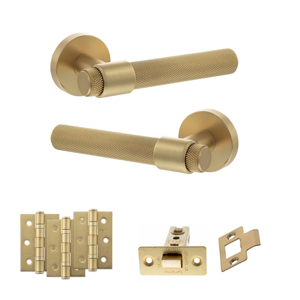 Atlantic Senza Pari Andretta Satin Brass 3 inch Latch Door Handle Pack with 3x 3 inch Fire Rated Hinges