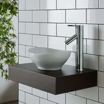 Bologna White Ceramic Oval Basin & Small Mahogany Shelf