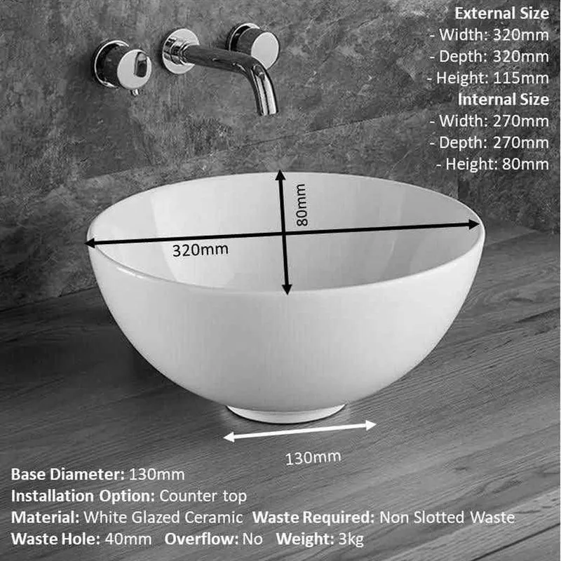 Sink Basins Rounded Cami White Ceramic Round Basin & Medium Suza Oak Shelf | Drainage ...