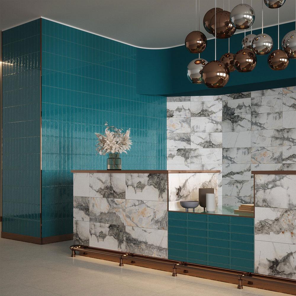 Caulden Teal Gloss Glazed Ceramic Wall Tile - 240mm x 69mm