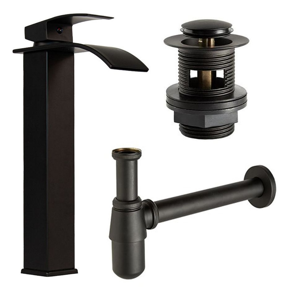Tall Black Tap with Slotted Waste & Bottle Trap