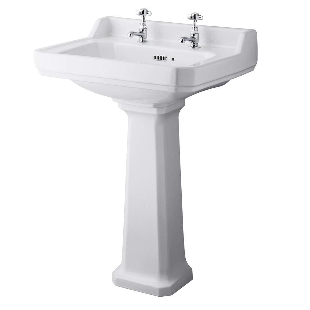 Hudson Reed White Richmond 600Mm 2 Tap Basin & Comfort Height Pedestal Porcelain