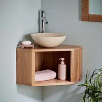 Vieste Cream Stone Round Basin & Dema Corner Oak Shelf