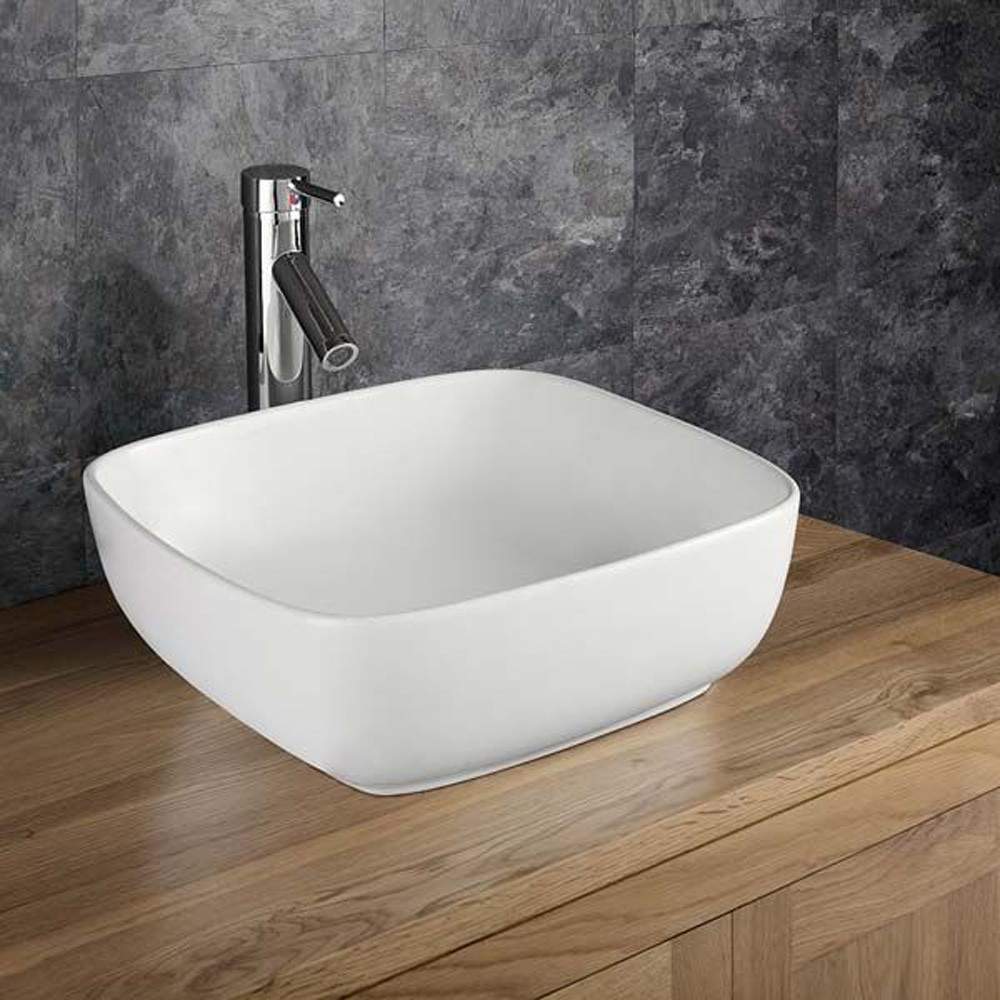 Clickbasin White Corta 400Mm Ceramic Curved Corner Square Countertop Basin