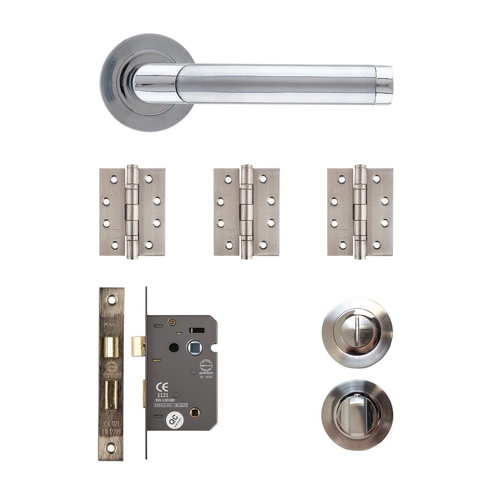 Deanta Augustus Matt/Polished Chrome Bathroom Door Handle Kit - 102mm x 76mm x 3mm Hinges