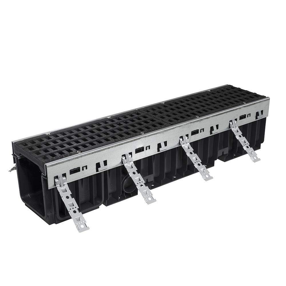 Dek-Drain Black Cetus D400 Hdpe Channel Drain With 75/110Mm Bottom Outlet And Cast Iron Grating - 1M Length