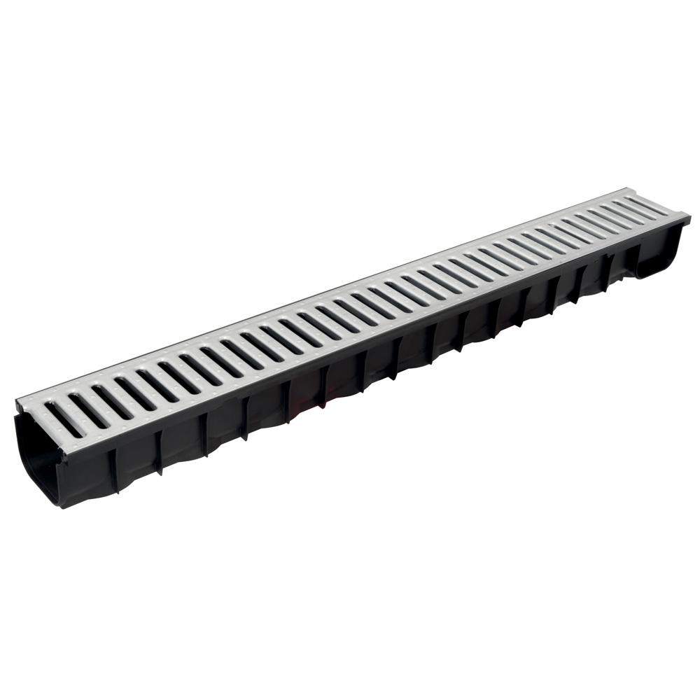 Dek-Drain Black Vela A15 Plastic Channel Drain With Galvanised Grating Vl84 - 1M Length Polypropylene Stainless Steel