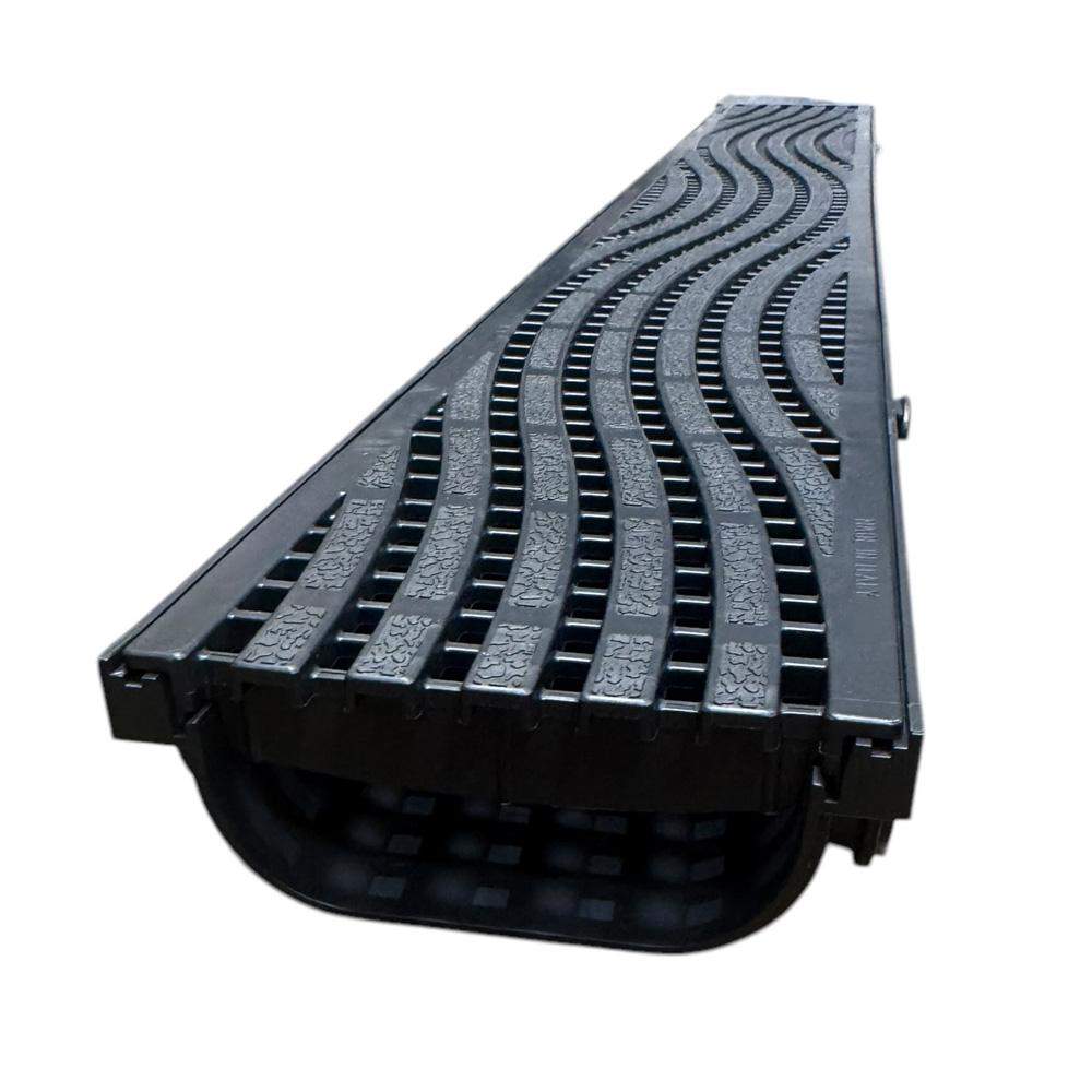 Dek-Drain Black Vela A15 Plastic Channel Drain With Linear Bar Wave Heel Grating Vl50 - 1M Length Polypropylene