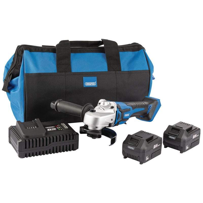 Draper Tools Draper D20 20V Brushless Angle Grinder, 115Mm - 2 X 5.0Ah Batteries, 1 X Fast Charger & 1 X Bag