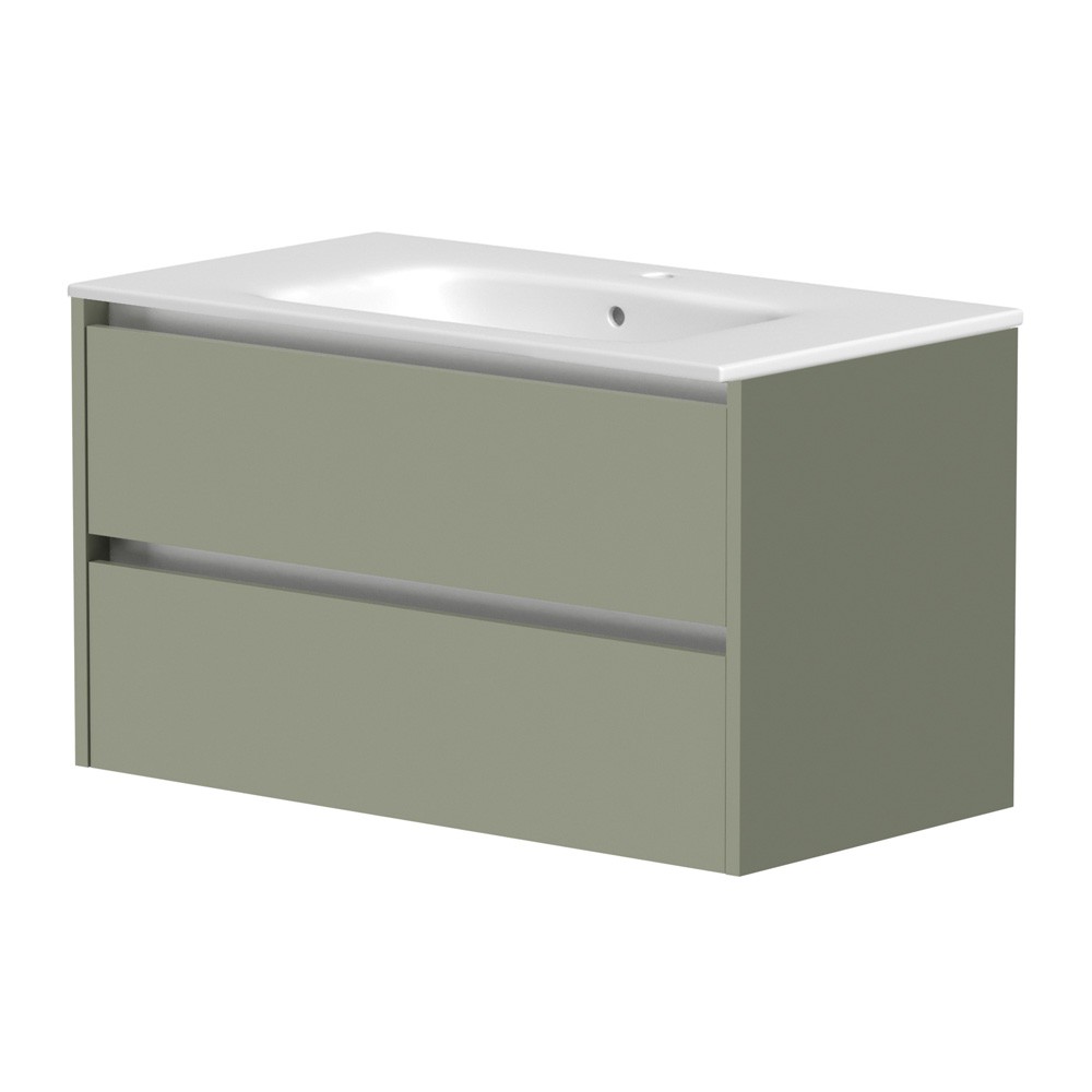 Essential Theta 800mm 2 Drawer Wall Hung Savannah Green Mounted Vanity Unit