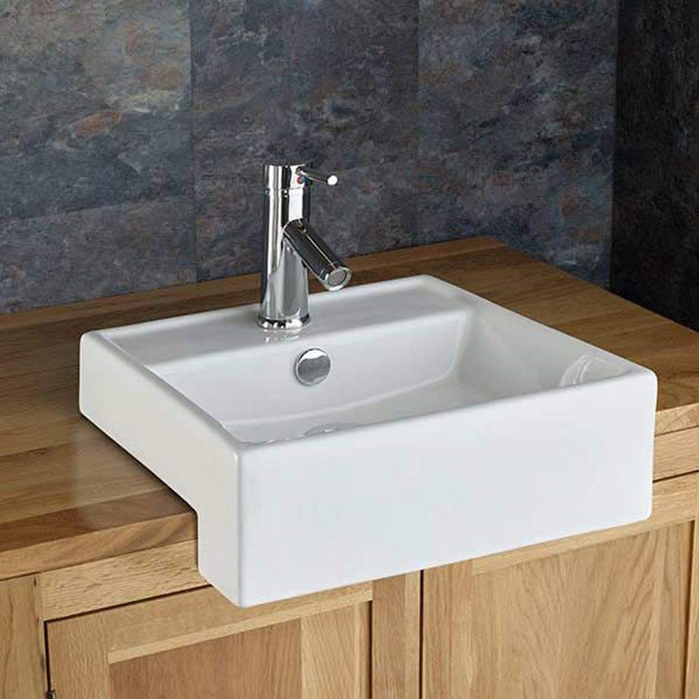 Clickbasin White Gandra 385Mm Ceramic Small Square Semi Recessed Basin