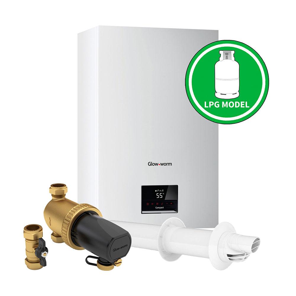 glow worm compact 28c lpg combi boiler horizontal flue and system filter logo