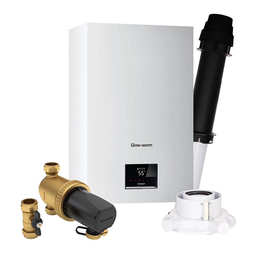 Glow-Worm Compact Combi Boiler with Vertical Flue, Adapter and System Filter