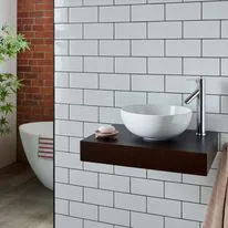 Selva White Ceramic Round Basin & Large Mahogany Shelf