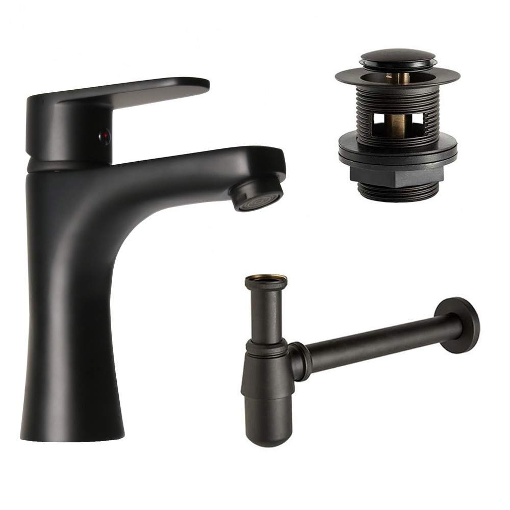 Clickbasin Black Low Matt Basin Mixer Tap With Slotted Waste & Bottle Trap