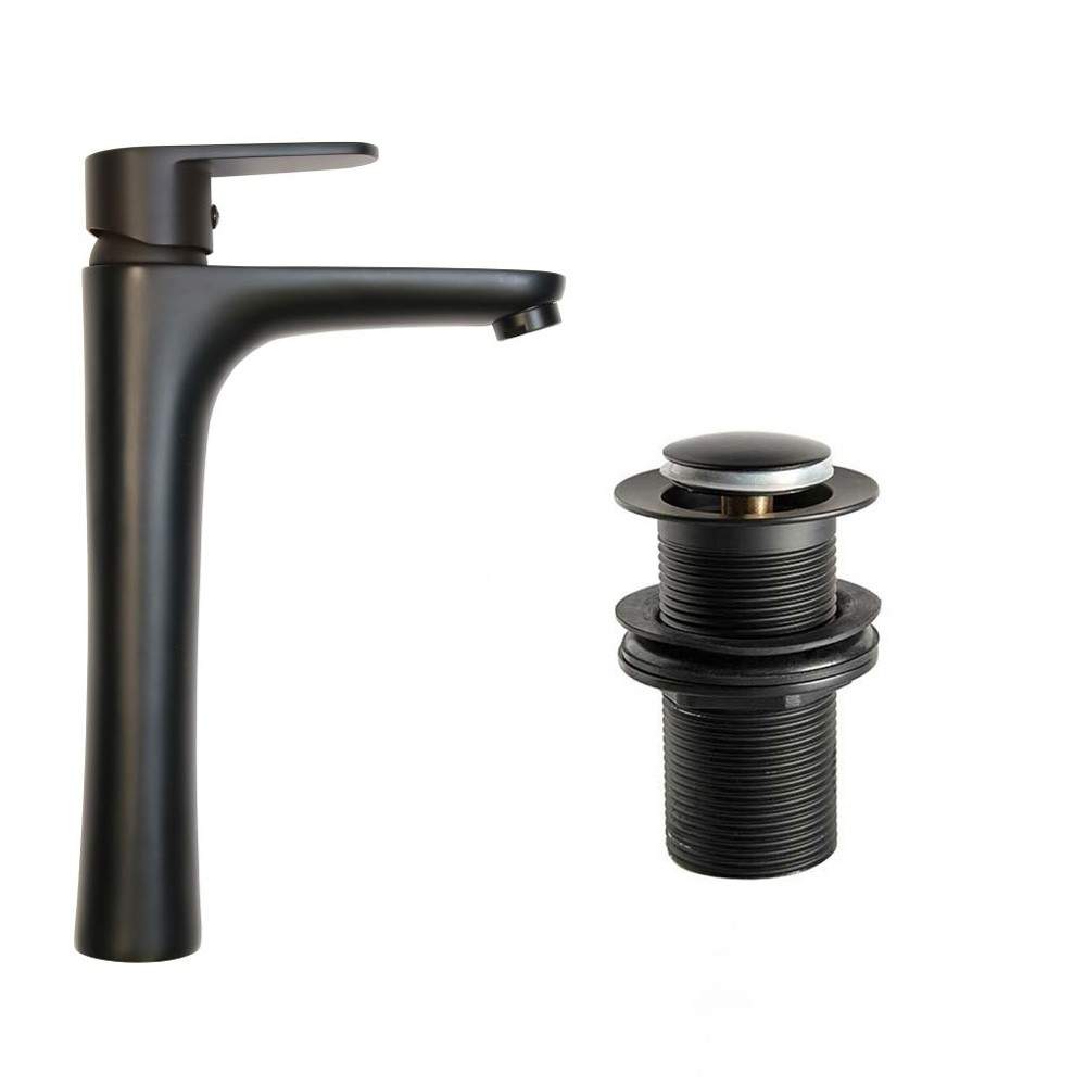 Clickbasin Black Tall Matt Basin Mixer Tap With Non Slotted Waste