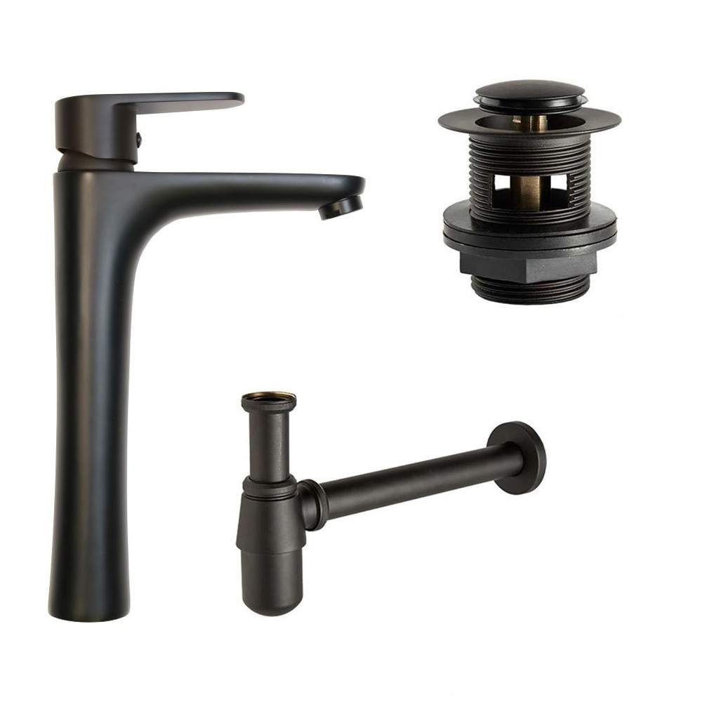 Clickbasin Black Tall Matt Basin Mixer Tap With Slotted Waste & Bottletrap