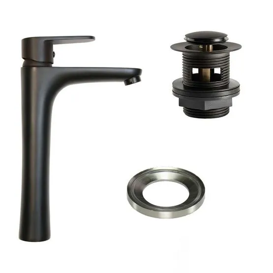 Tap Ring Color Code Tall Matt Black Basin Mixer Tap with Black Slotted Waste & Glass ring ...