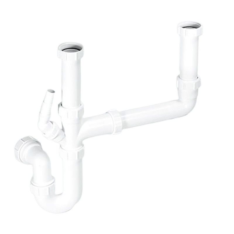 Double Bowl Kitchen Sink Drain Kit – End Outlet Waste For 1-1/2 Inch Drains, Adjustable 11-18 Inch Width With Flexible P-Trap Hose