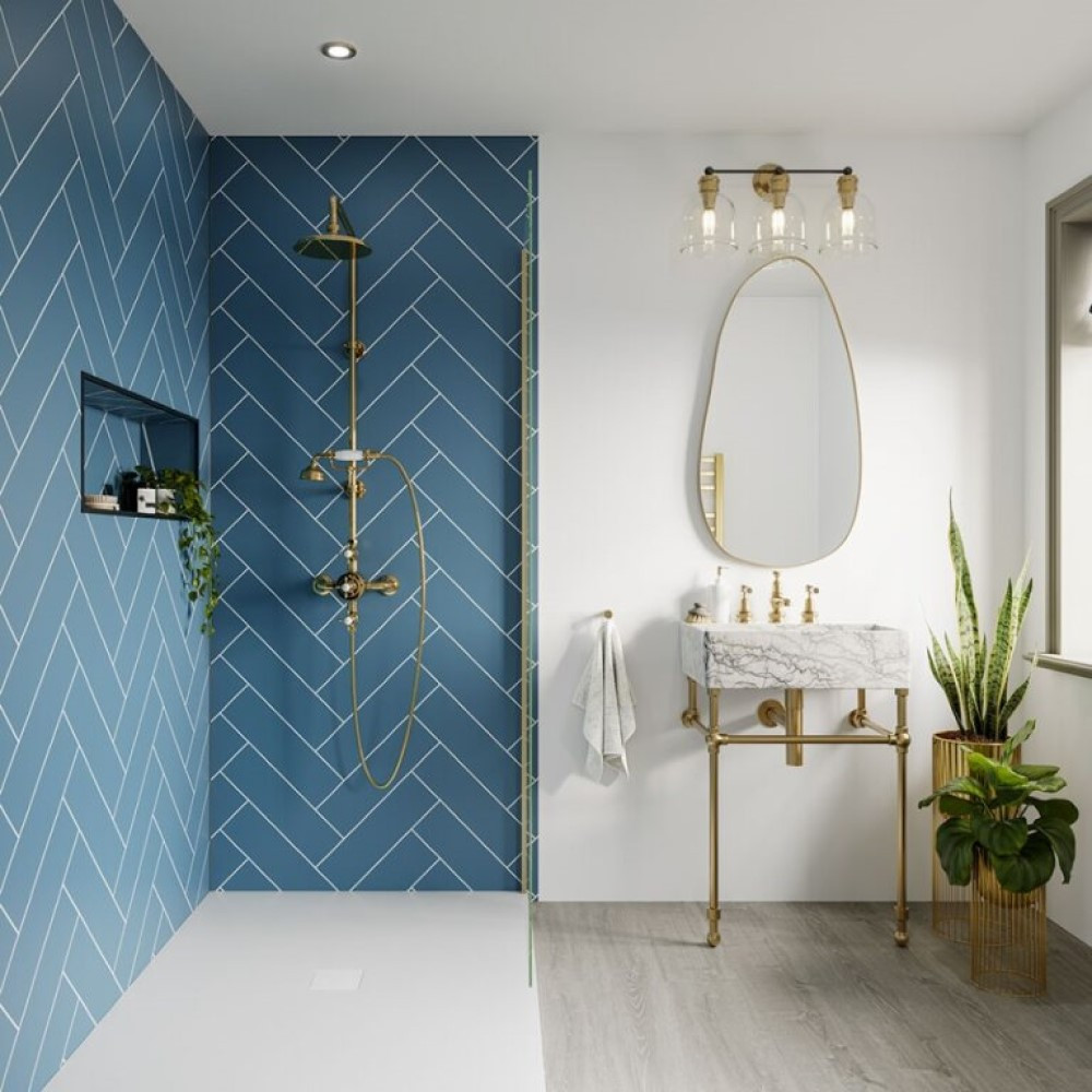 Multipanel Herringbone Tile Effect Misty Blue Tongue & Groove Hydrolock Shower Wall Panel - 2400mm x 598mm