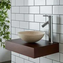 Vieste Natural Cream Stone Round Basin & Narrow Cherry Red Shelf