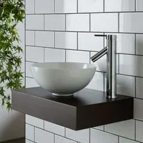 Cami White Ceramic Round Basin & Narrow Mahogany Shelf