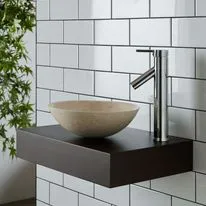 Vieste Natural Cream Stone Round Basin & Narrow Mahogany Shelf