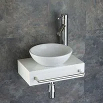 Gela White Ceramic Round Basin & White Gloss Shelf