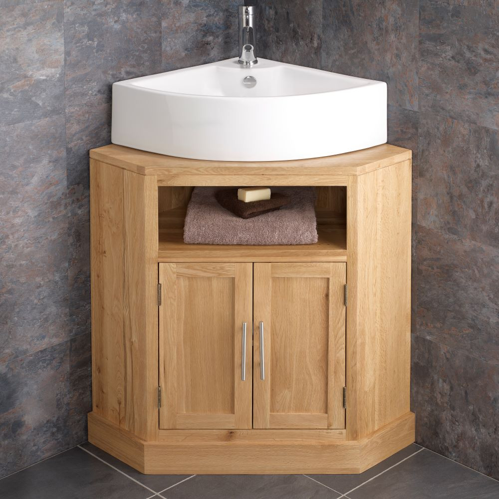Natural Solid Oak Vanity & Large White Corner Basin with Tap
