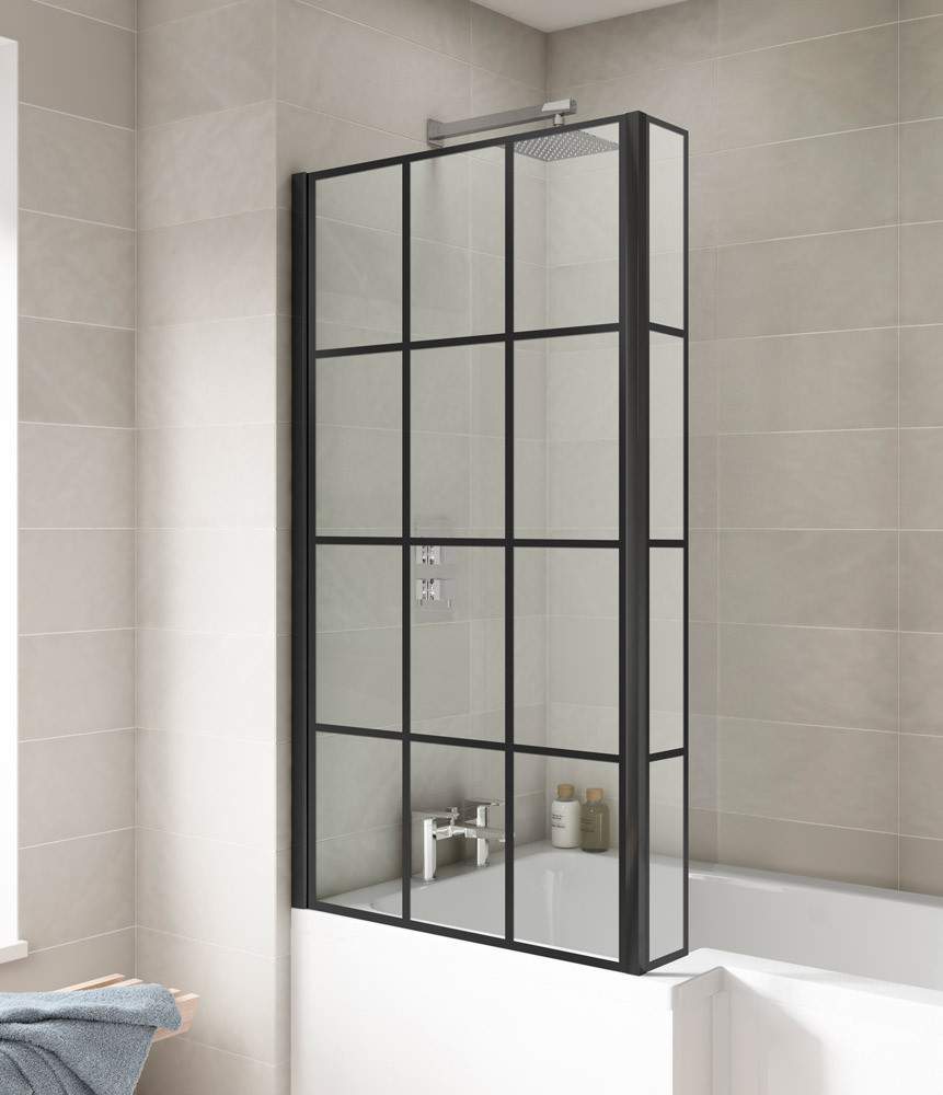 Nuie Black Matt Fixed Return Framed Bath Screen Aluminium Glass