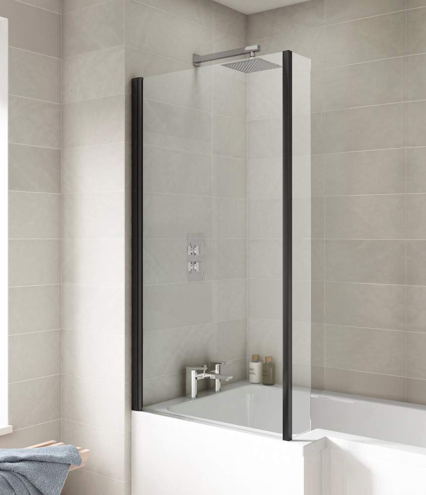 Nuie Black Matt Fixed Return Bath Screen Aluminium Glass