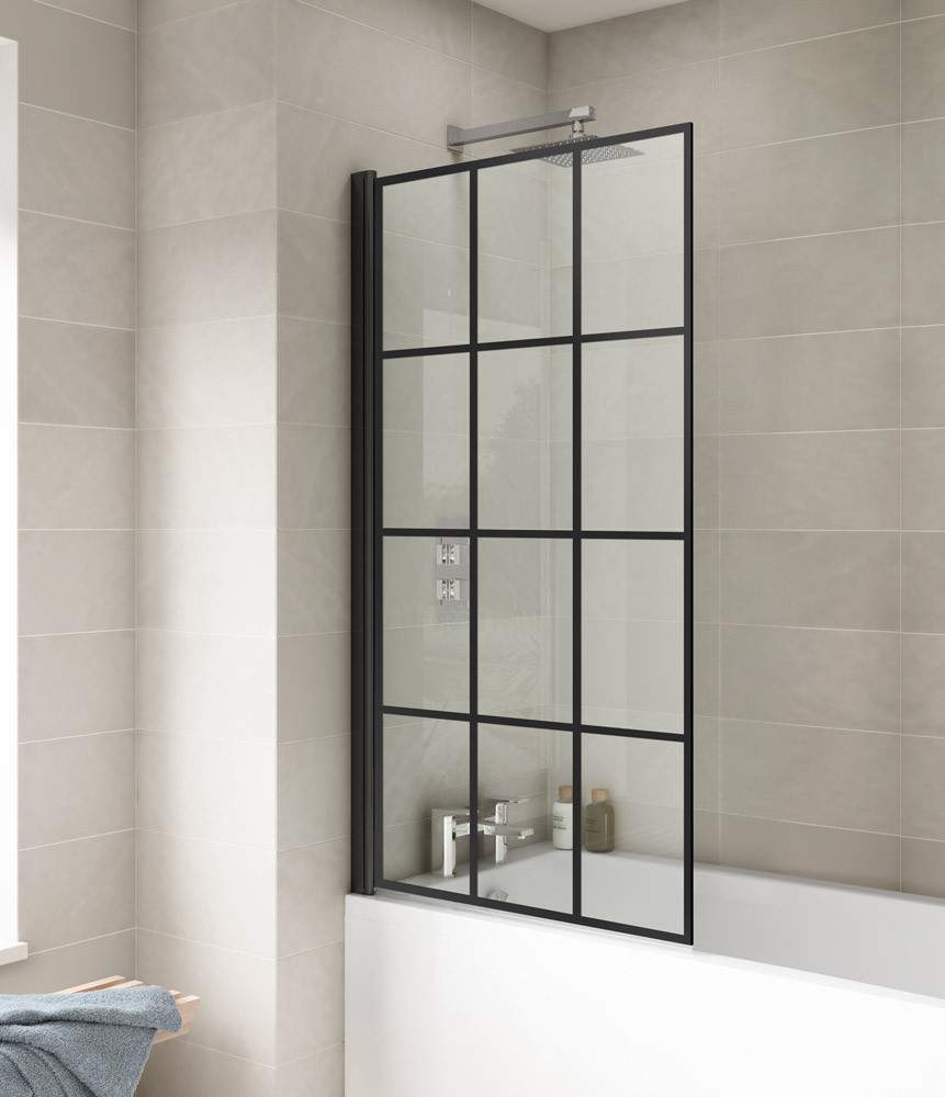 Nuie Black Matt Square Frames Bath Screen Aluminium Glass