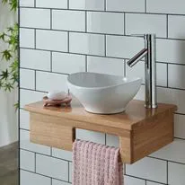 Bologna White Ceramic Oval Basin & Embe Oak Shelf