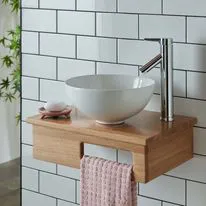Cami White Ceramic Round Basin & Embe Oak Shelf
