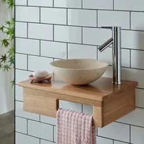Vieste Natural Cream Stone Round Basin & Embe Oak Shelf