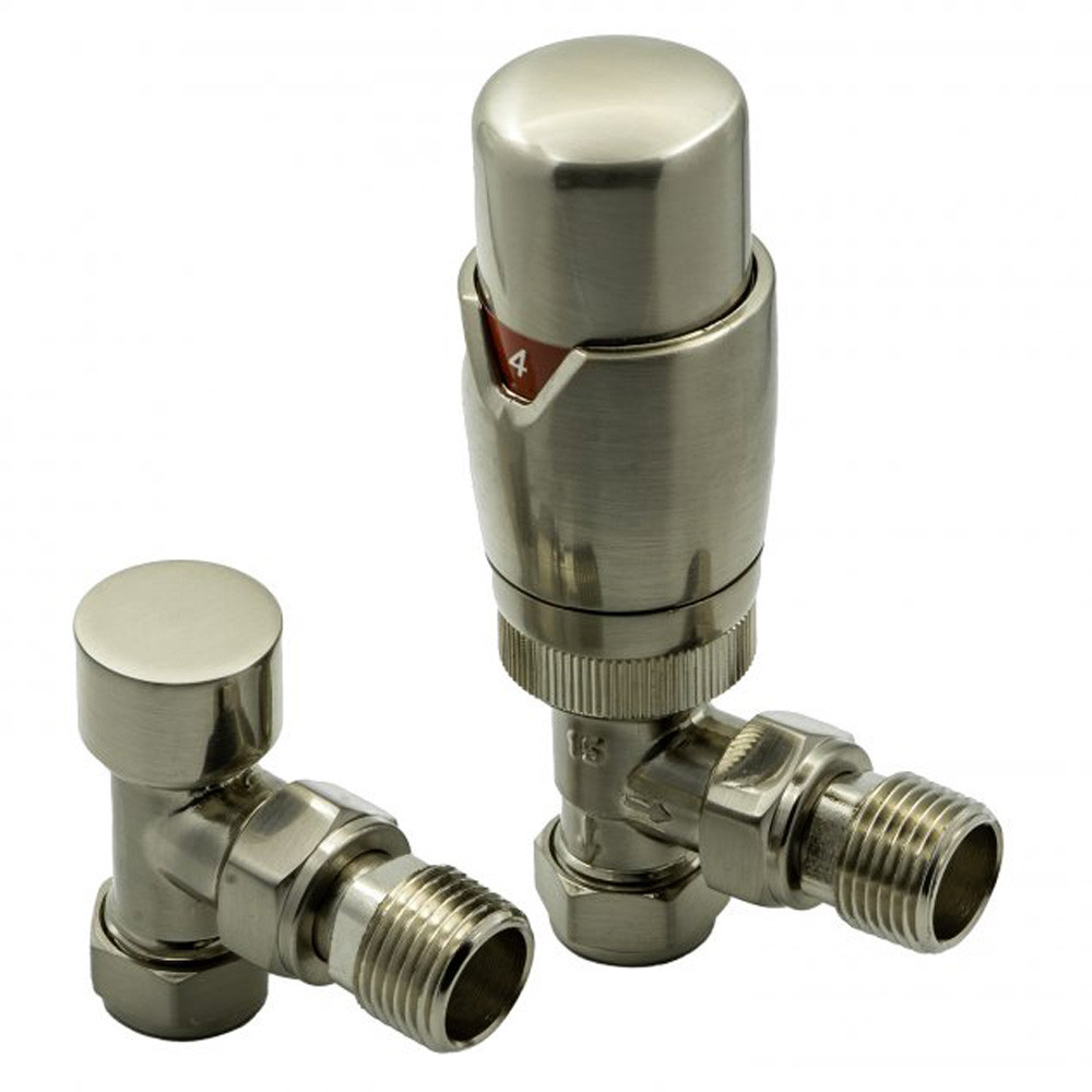 Reina Modal TRV Angled Radiator Valve and LockShield Brushed
