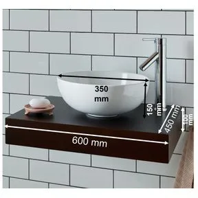 Selva White Ceramic Round Basin & Large Mahogany Shelf