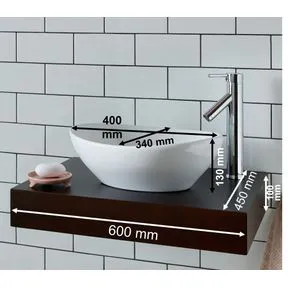 Messina White Ceramic Oval Basin & Large Mahogany Shelf