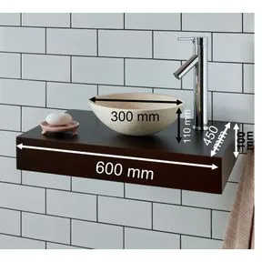 Vieste Natural Cream Stone Round Basin & Large Mahogany Shelf