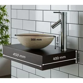 Vieste Natural Cream Stone Round Basin & Narrow Mahogany Shelf