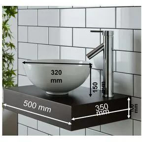 Cami White Ceramic Round Basin & Narrow Mahogany Shelf