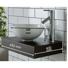 Cami White Ceramic Round Basin & Small Mahogany Shelf