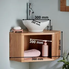 Bologna White Ceramic Oval Basin & Dema Corner Oak Shelf
