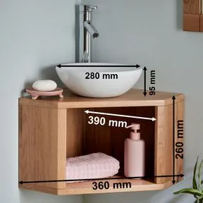 Gela White Ceramic Oval Basin & Dema Corner Oak Shelf