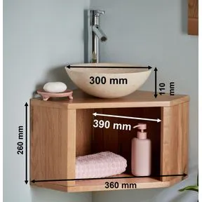 Vieste Cream Stone Round Basin & Dema Corner Oak Shelf